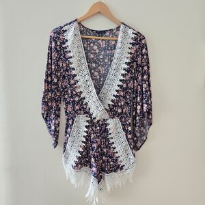 BNWOT UK2LA floral blue pink lace trim romper Medium bohemian festival style